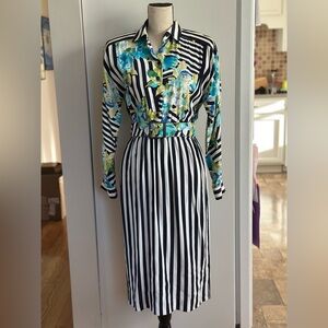 Vtg 80s California Design Black White Striped Floral Dress Long Sleeve Size 6